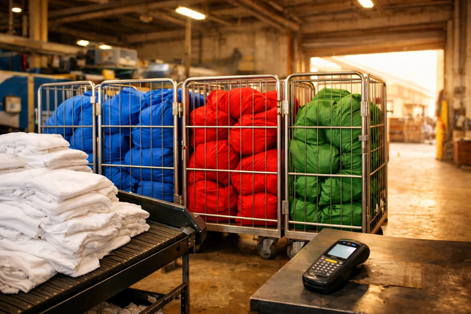 Colour-coded linen collection and sorting process