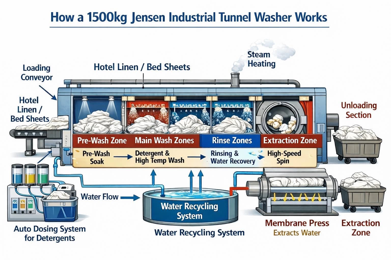 Cutaway diagram of tunnel washer showing internal compartments